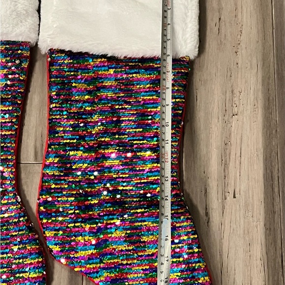 - NEW Holiday Time Christmas tree skirt rainbow sequence with 2 matching s… - Picture 5 of 7